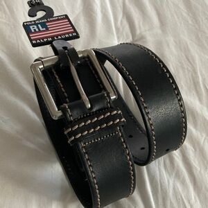 🆕 “RALPH LAUREN POLO JEANS” Black Leather Belt w/stitching & Large Silver Buckle